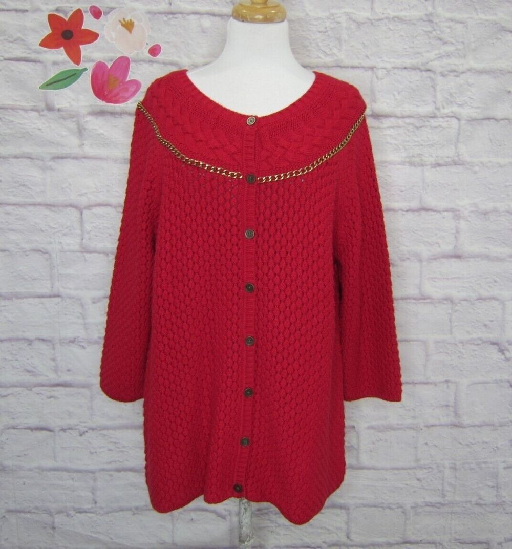 Liz Claiborne XL Vintage Chunky Knit Cardigan w/ Gold Chain Trim Cottage Core